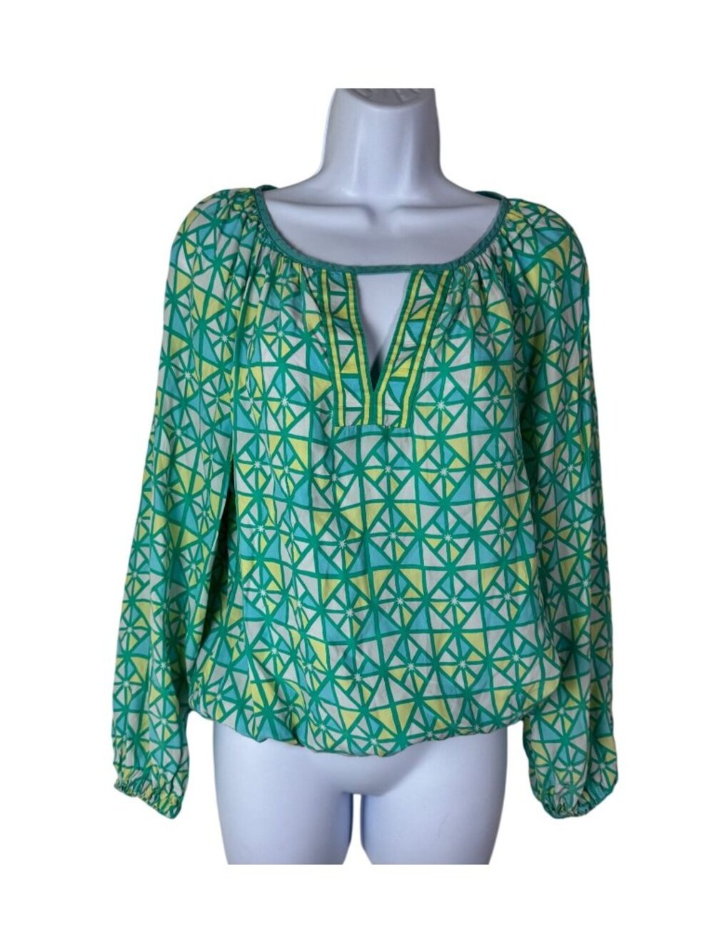 Alice & Trixie100% Silk Green Yellow Geometric Long Sleeve Blouse Top Size XS